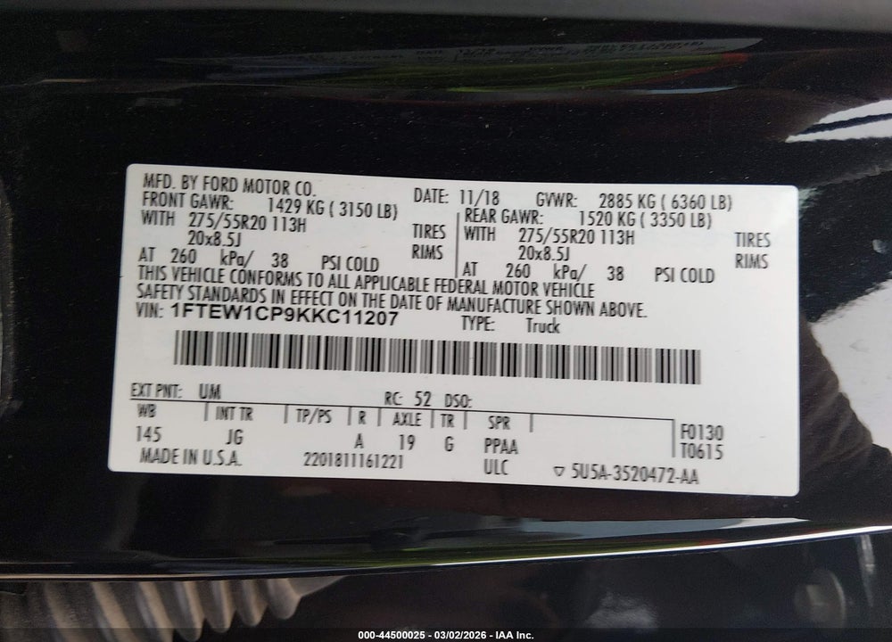 2019 FORD F-150 XL VIN: 1FTEW1CP9KKC11207