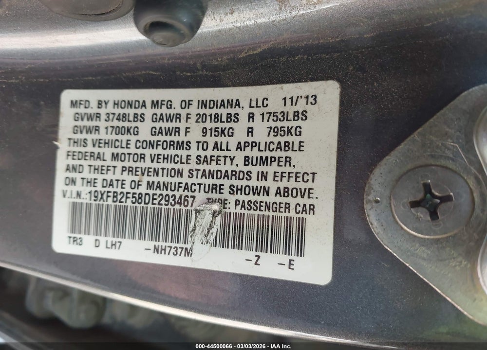 2013 HONDA CIVIC SDN LX VIN: 19XFB2F58DE293467