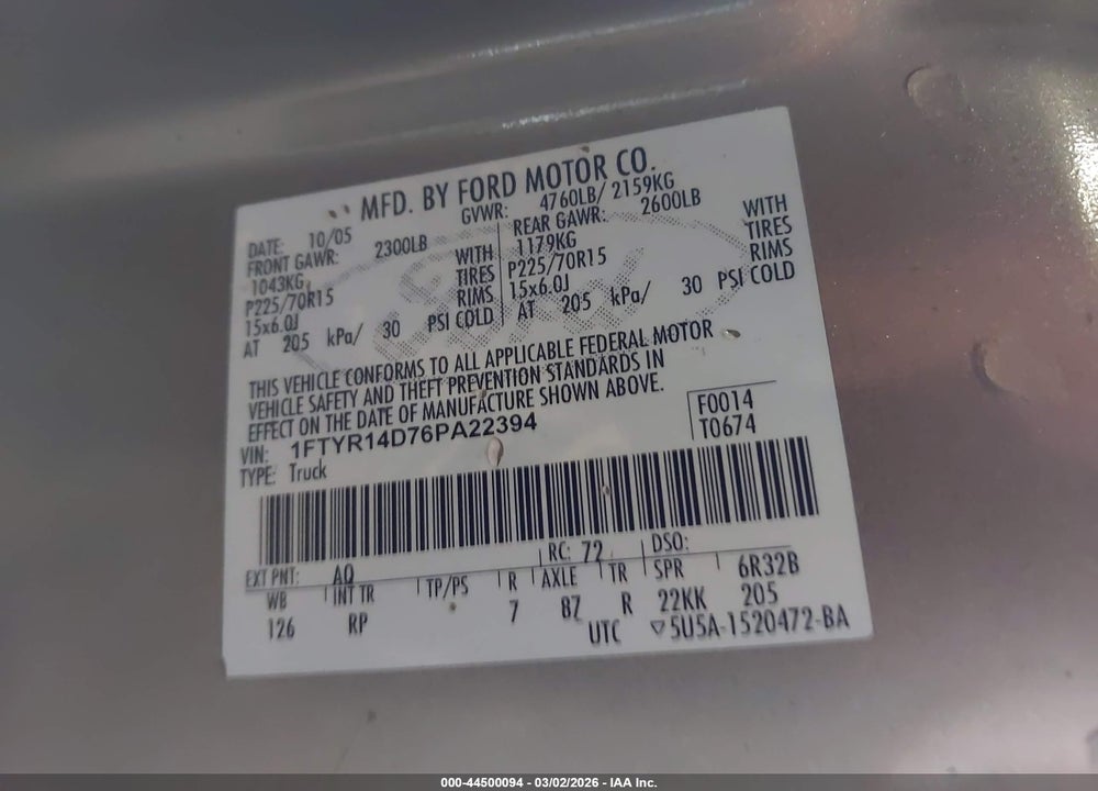 2006 FORD RANGER XL/XLT VIN: 1FTYR14D76PA22394