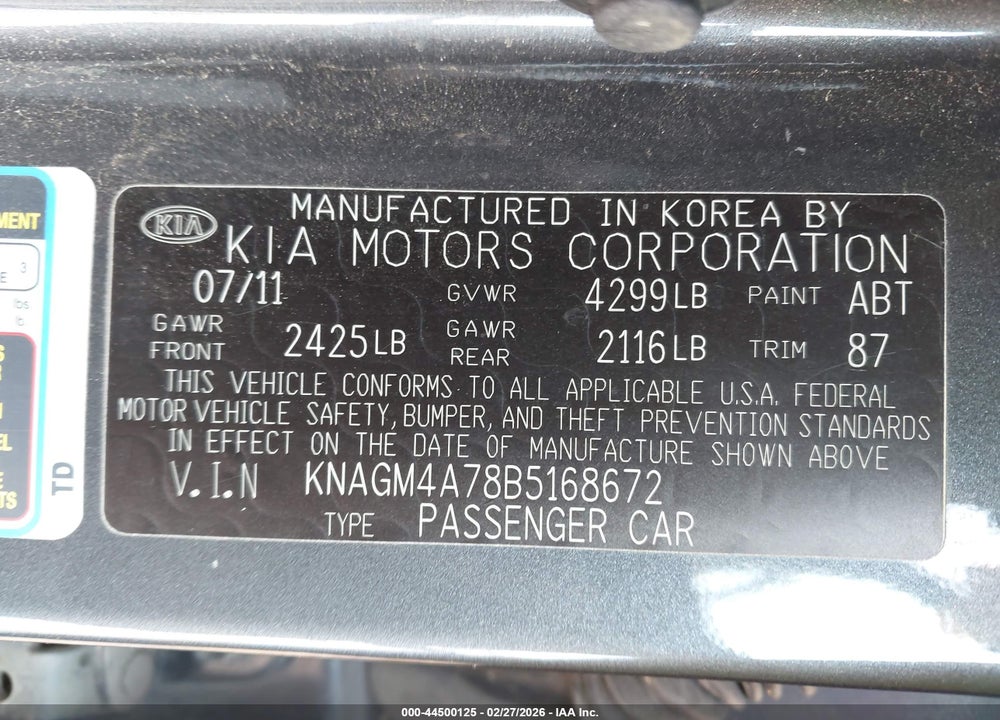 2011 KIA OPTIMA LX VIN: KNAGM4A78B5168672