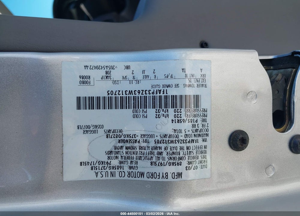 2003 FORD FOCUS LX VIN: 1FAFP33Z63W312705