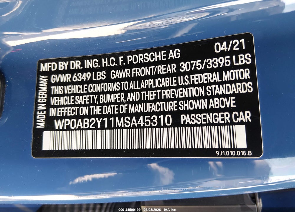 2021 PORSCHE TAYCAN 4S VIN: WP0AB2Y11MSA45310