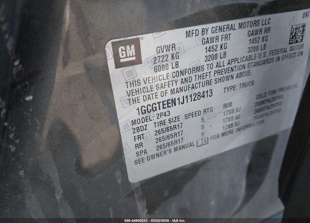 2018 CHEVROLET COLORADO ZR2 VIN: 1GCGTEEN1J1128413