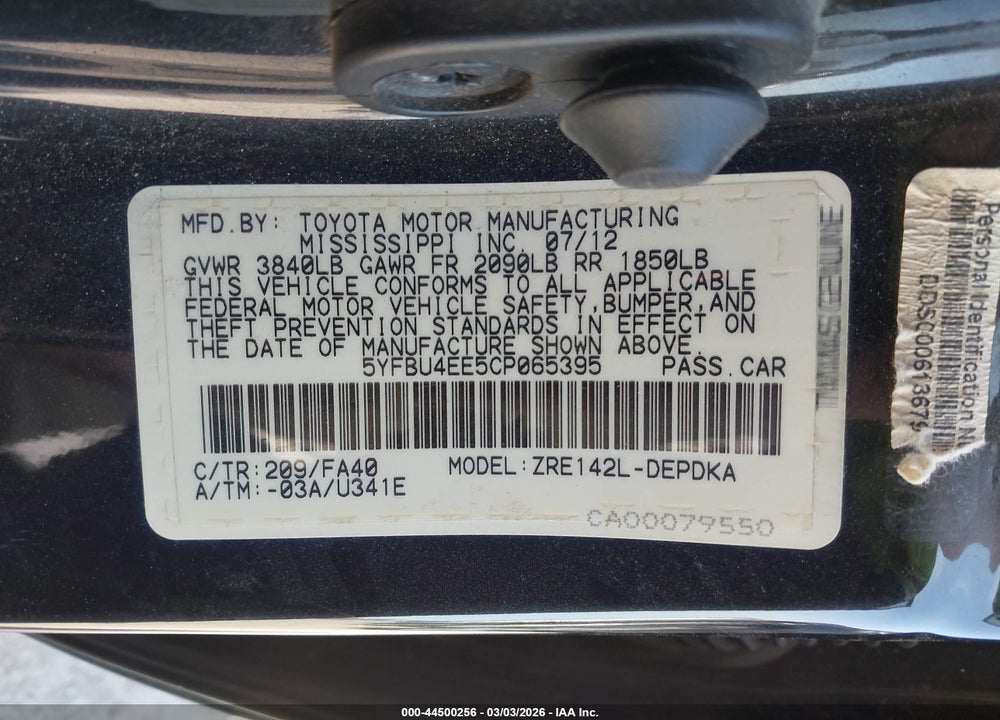 2012 TOYOTA COROLLA L VIN: 5YFBU4EE5CP065395