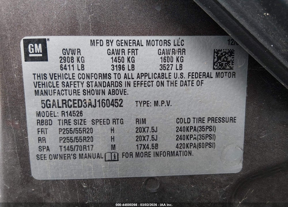 2010 BUICK ENCLAVE 2XL VIN: 5GALRCED3AJ160452
