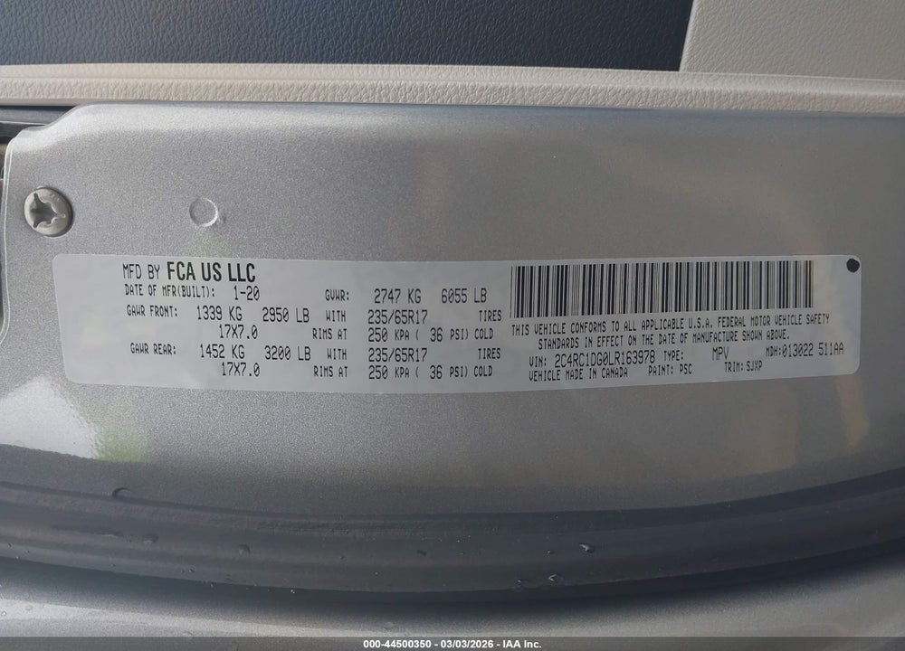 2020 CHRYSLER VOYAGER LXI VIN: 2C4RC1DG0LR163978