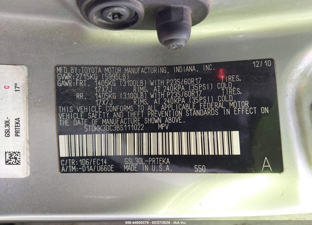 2011 TOYOTA SIENNA LE V6 VIN: 5TDKK3DC3BS111022