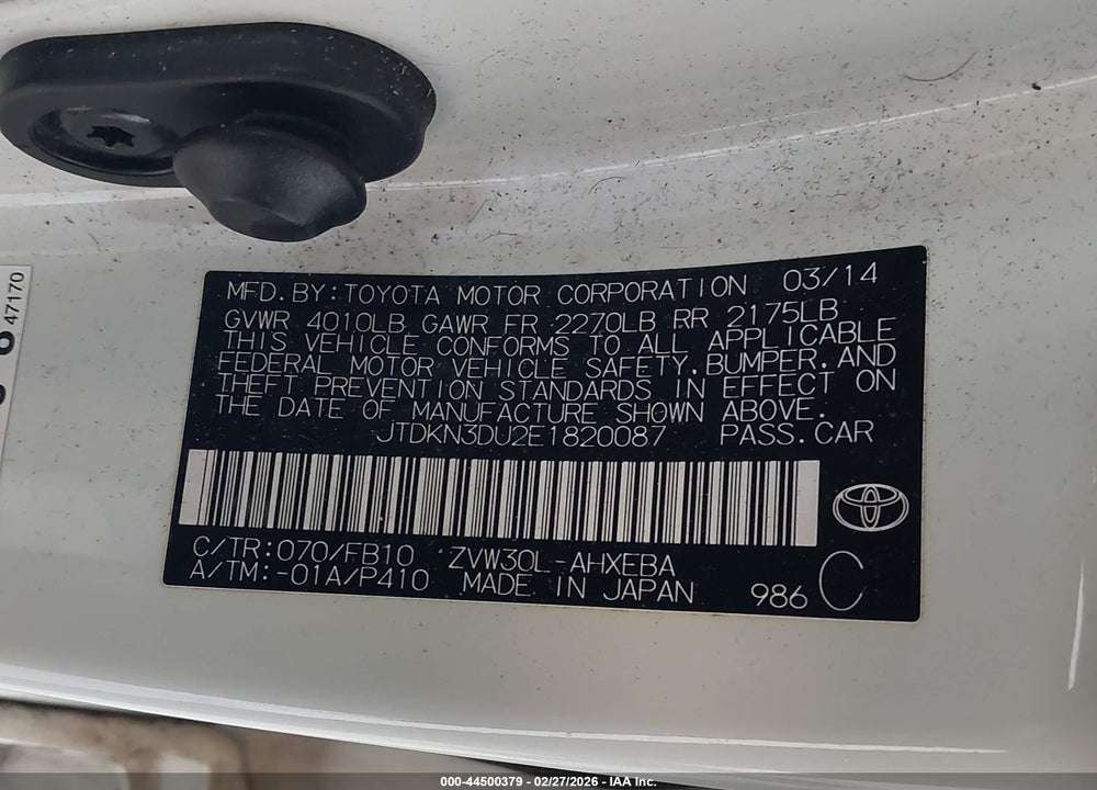 2014 TOYOTA PRIUS FIVE/FOUR/THREE/TWO VIN: JTDKN3DU2E1820087
