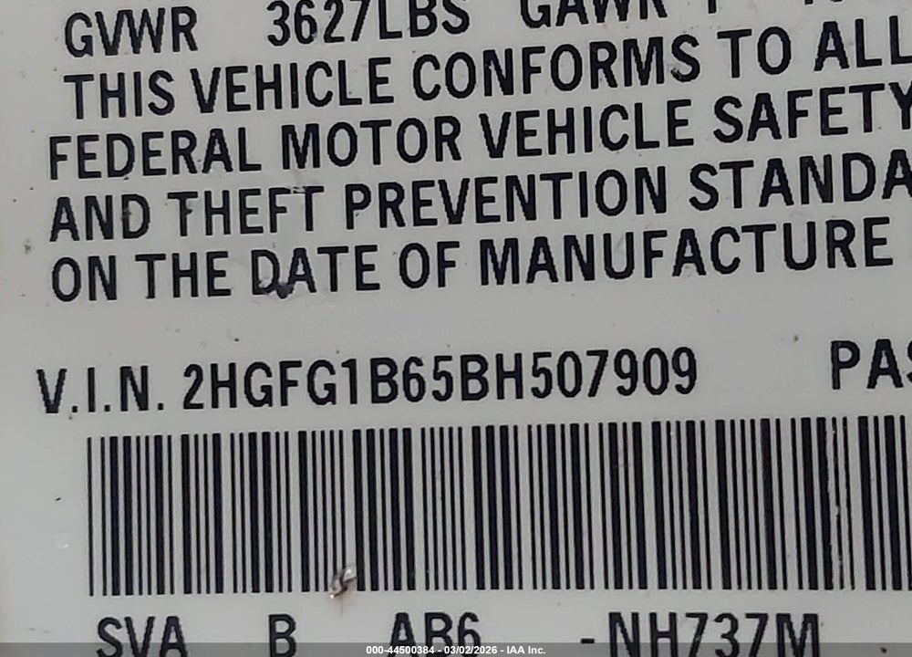 2011 HONDA CIVIC LX VIN: 2HGFG1B65BH507909