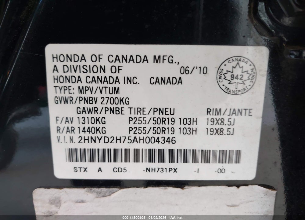 2010 ACURA MDX ADVANCE PACKAGE VIN: 2HNYD2H75AH004346