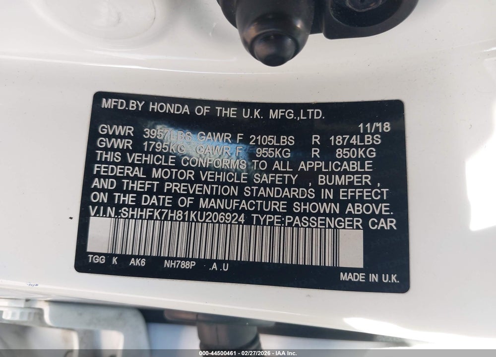 2019 HONDA CIVIC EX-L VIN: SHHFK7H81KU206924