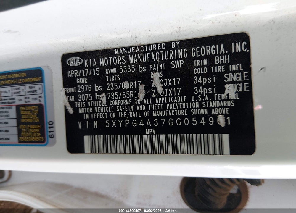 2016 KIA SORENTO 2.4L LX VIN: 5XYPG4A37GG054961