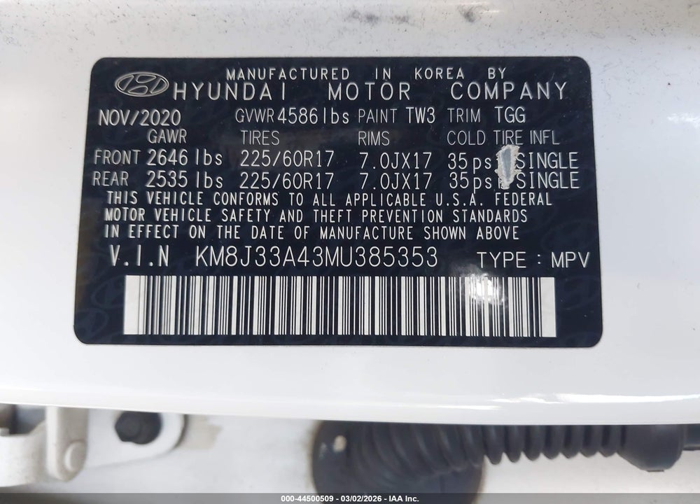 2021 HYUNDAI TUCSON VALUE VIN: KM8J33A43MU385353