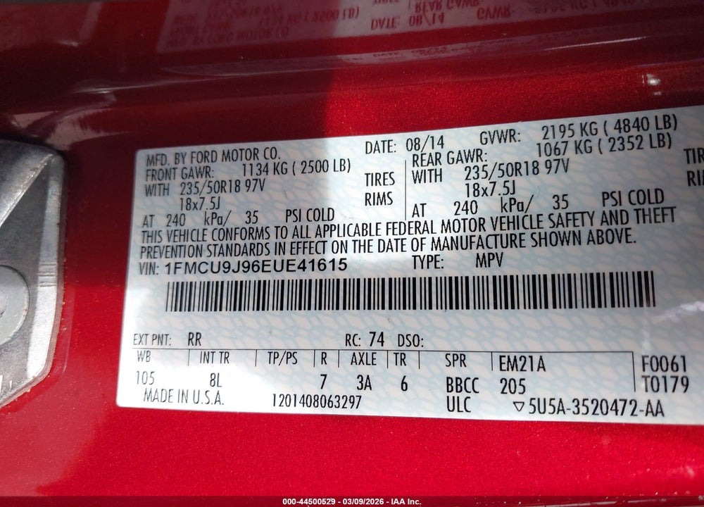 2014 FORD ESCAPE TITANIUM VIN: 1FMCU9J96EUE41615
