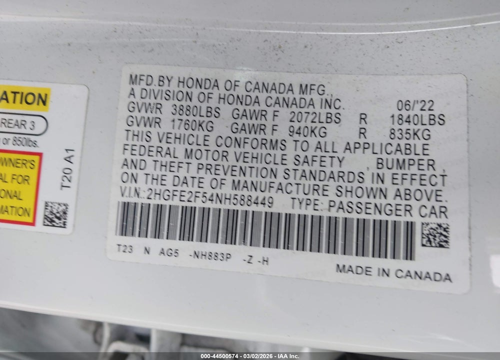 2022 HONDA CIVIC SPORT VIN: 2HGFE2F54NH588449