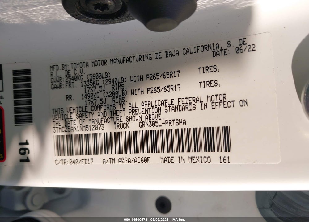 2022 TOYOTA TACOMA TRD SPORT VIN: 3TMCZ5AN1NM512073