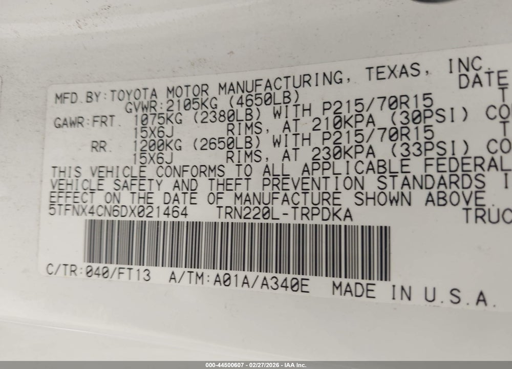 2013 TOYOTA TACOMA VIN: 5TFNX4CN6DX021464