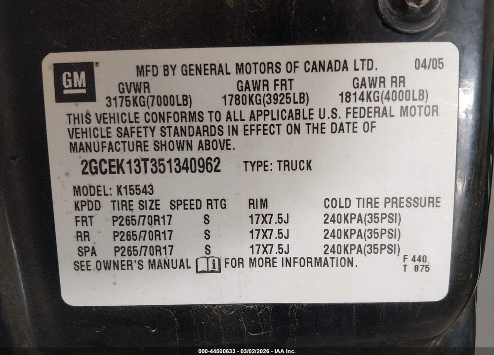 2005 CHEVROLET SILVERADO 1500 Z71 VIN: 2GCEK13T351340962