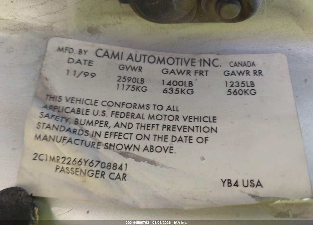 2000 CHEVROLET METRO VIN: 2C1MR2266Y6708841