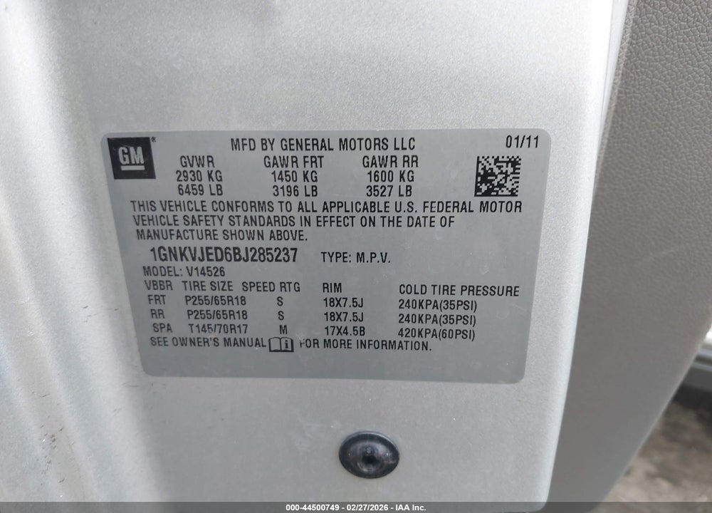 2011 CHEVROLET TRAVERSE 2LT VIN: 1GNKVJED6BJ285237