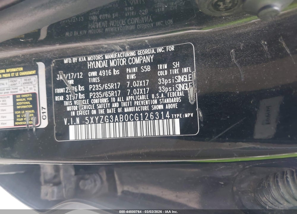 2012 HYUNDAI SANTA FE GLS VIN: 5XYZG3AB0CG126314