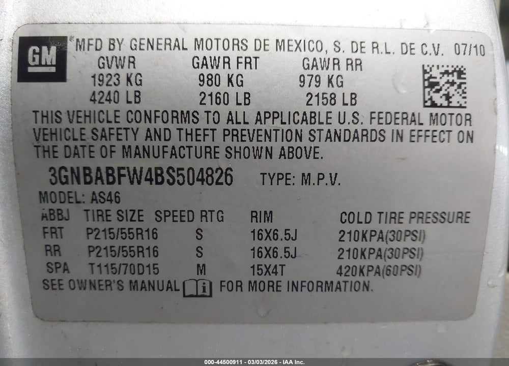 2011 CHEVROLET HHR LT VIN: 3GNBABFW4BS504826