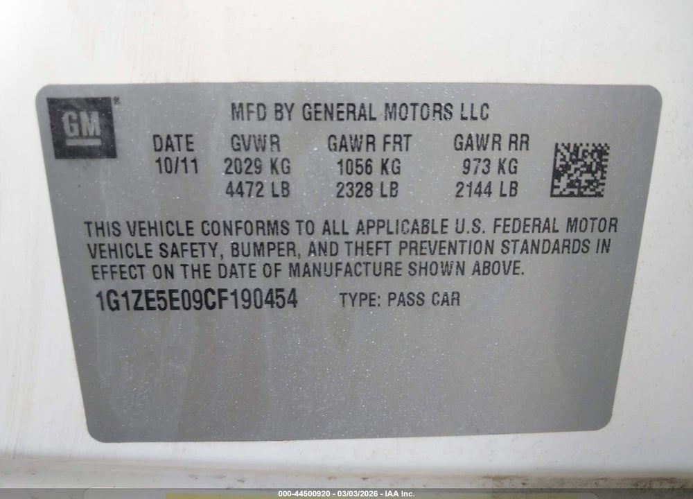 2012 CHEVROLET MALIBU 1LZ VIN: 1G1ZE5E09CF190454
