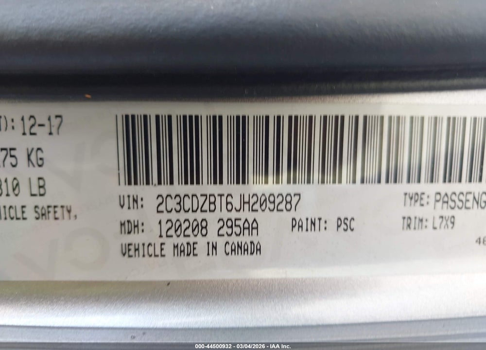 2018 DODGE CHALLENGER R/T VIN: 2C3CDZBT6JH209287