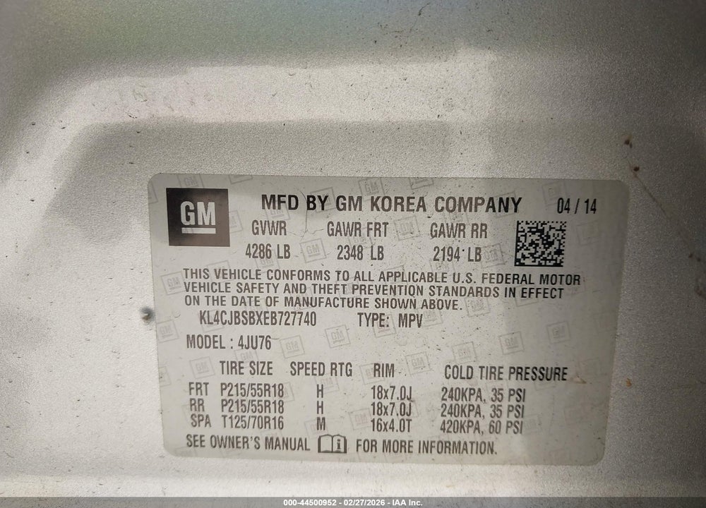 2014 BUICK ENCORE CONVENIENCE VIN: KL4CJBSBXEB727740