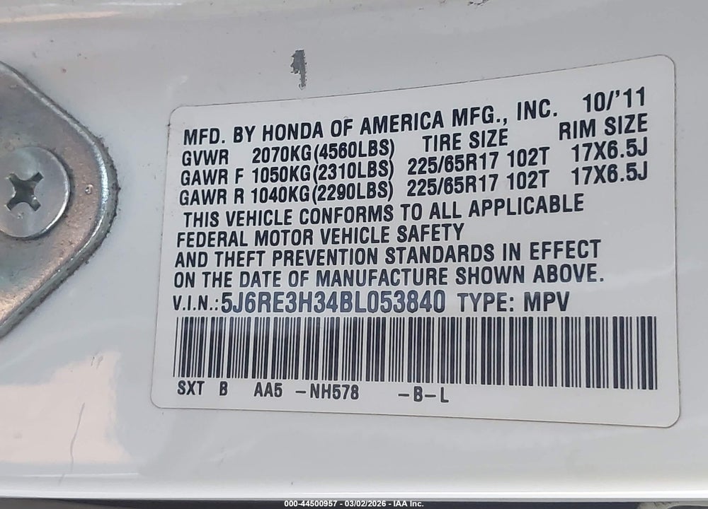 2011 HONDA CR-V LX VIN: 5J6RE3H34BL053840