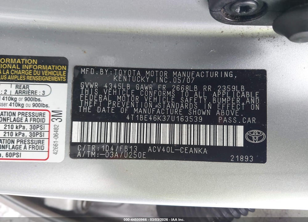 2007 TOYOTA CAMRY LE VIN: 4T1BE46K37U163539