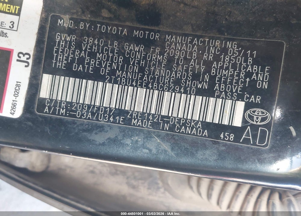 2011 TOYOTA COROLLA S VIN: 2T1BU4EE4BC629410