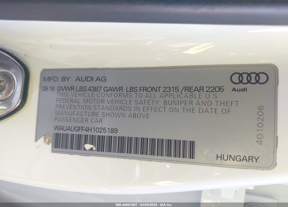 2017 AUDI A3 2.0T PREMIUM VIN: WAUAUGFF4H1025189