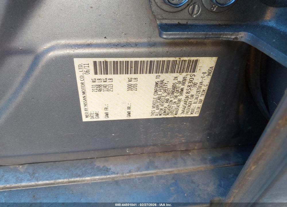 2011 NISSAN MAXIMA 3.5 SV VIN: 1N4AA5AP1BC858305