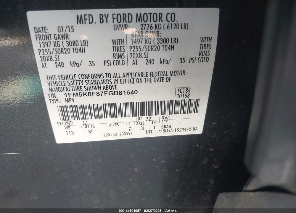 2015 FORD EXPLORER LIMITED VIN: 1FM5K8F87FGB81640