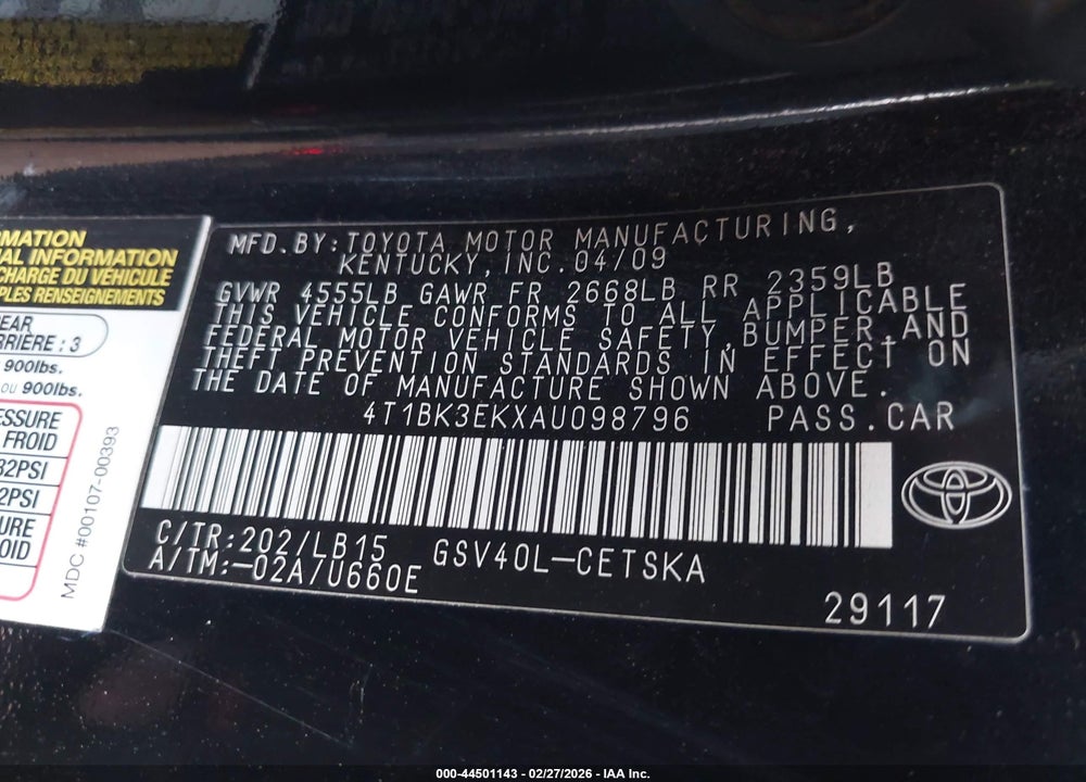 2010 TOYOTA CAMRY VIN: 4T1BK3EKXAU098796