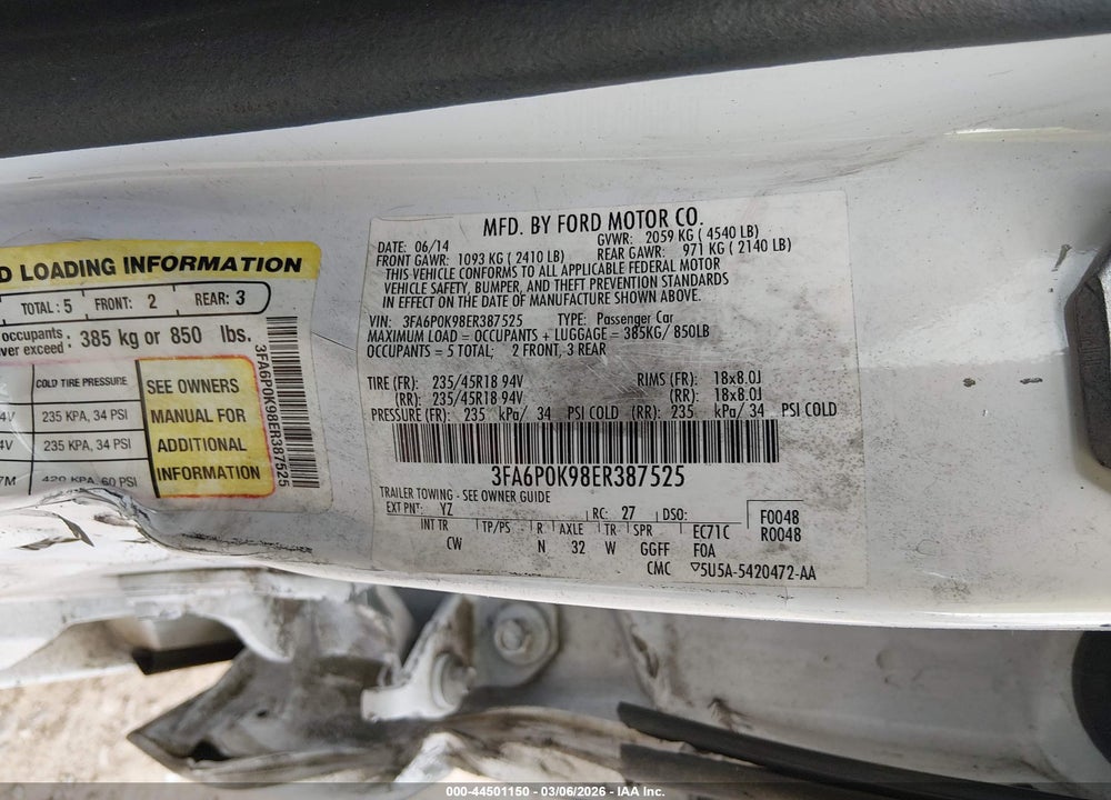 2014 FORD FUSION TITANIUM VIN: 3FA6P0K98ER387525