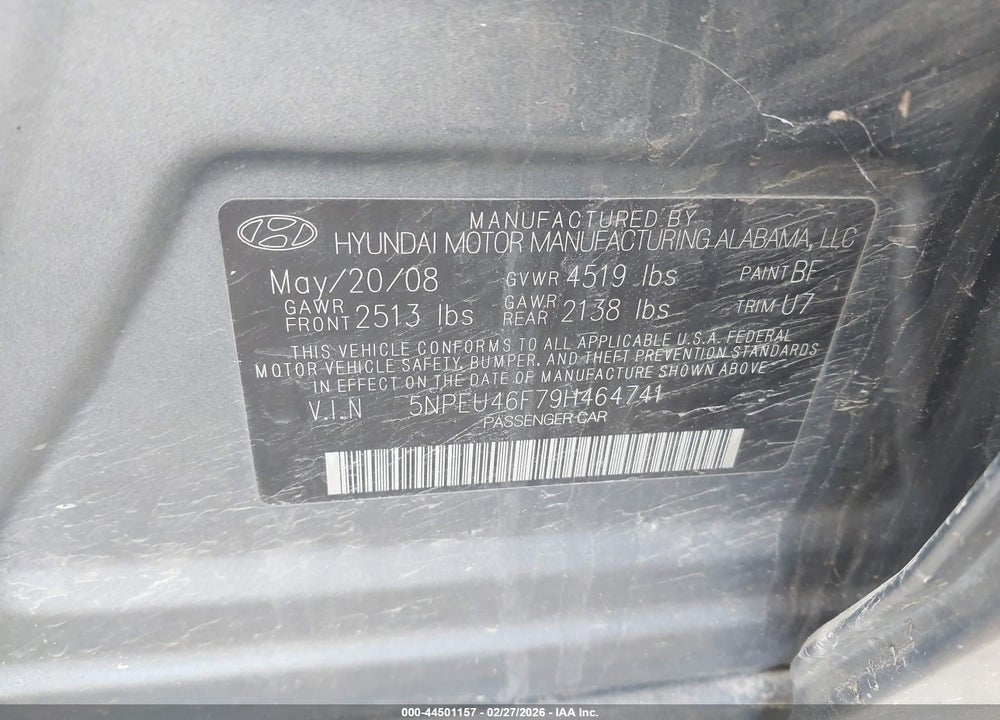 2009 HYUNDAI SONATA SE V6 VIN: 5NPEU46F79H464741