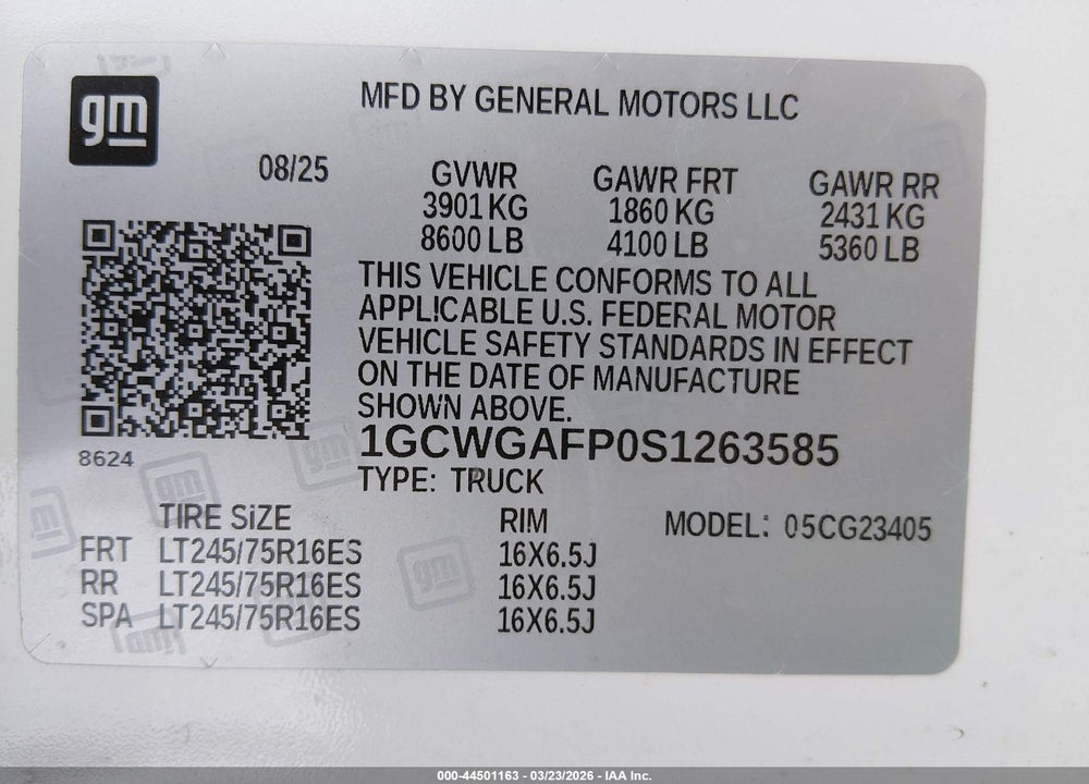 2025 CHEVROLET EXPRESS CARGO RWD 2500 REGULAR WHEELBASE WT VIN: 1GCWGAFP0S1263585