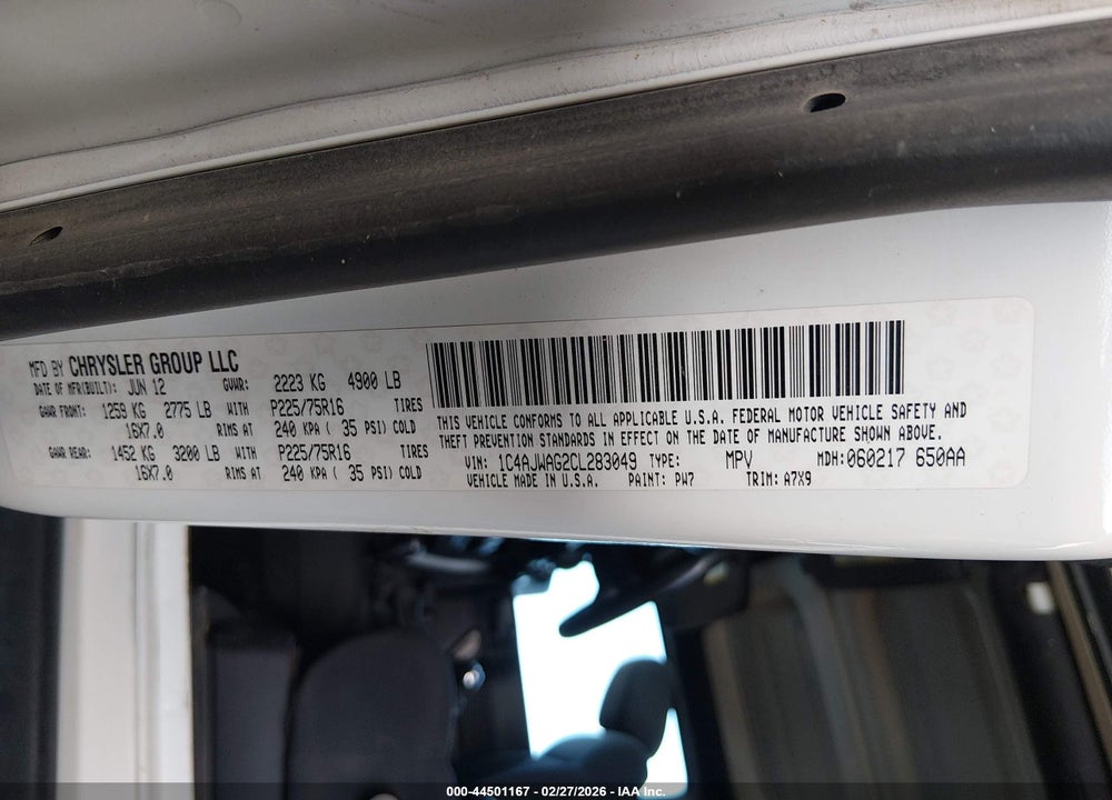 2012 JEEP WRANGLER SPORT VIN: 1C4AJWAG2CL283049