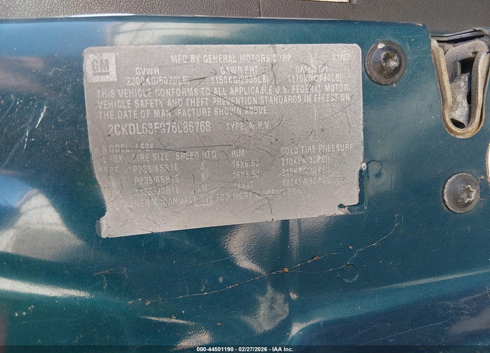 2007 PONTIAC TORRENT VIN: 2CKDL63F976086768