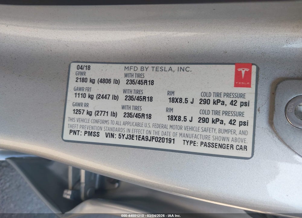 2018 TESLA MODEL 3 LONG RANGE/MID RANGE VIN: 5YJ3E1EA9JF020191