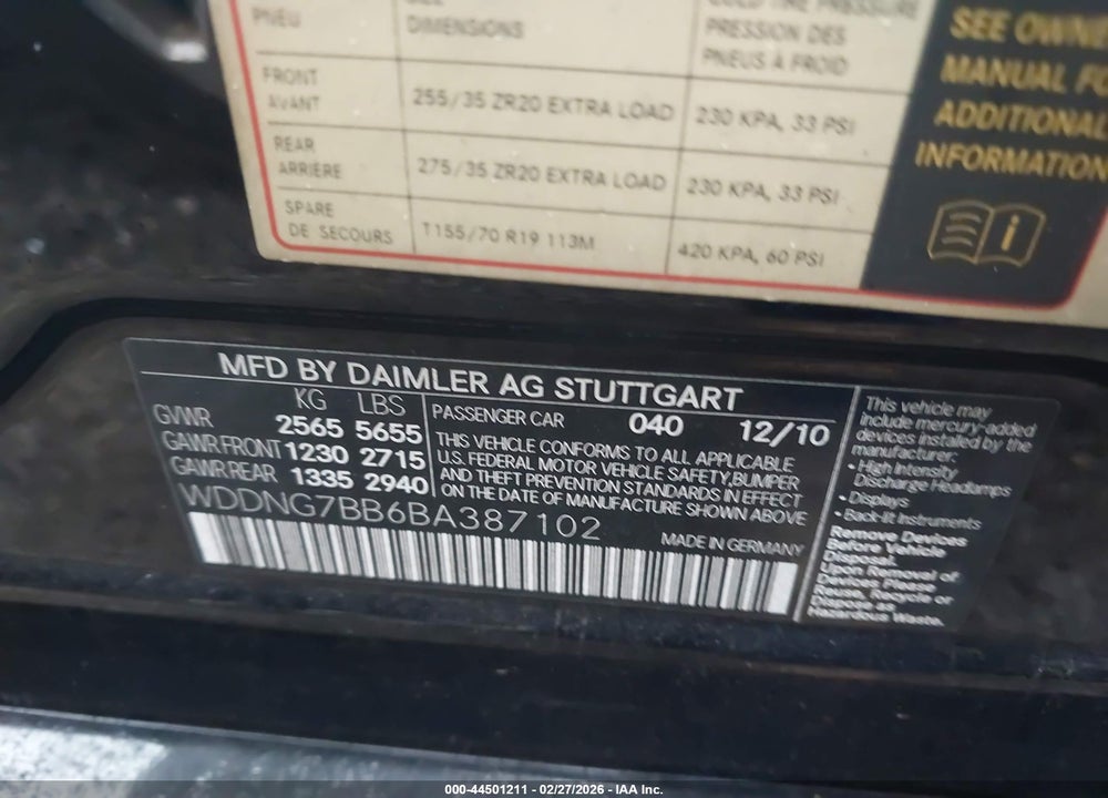 2011 MERCEDES-BENZ S 550 VIN: WDDNG7BB6BA387102