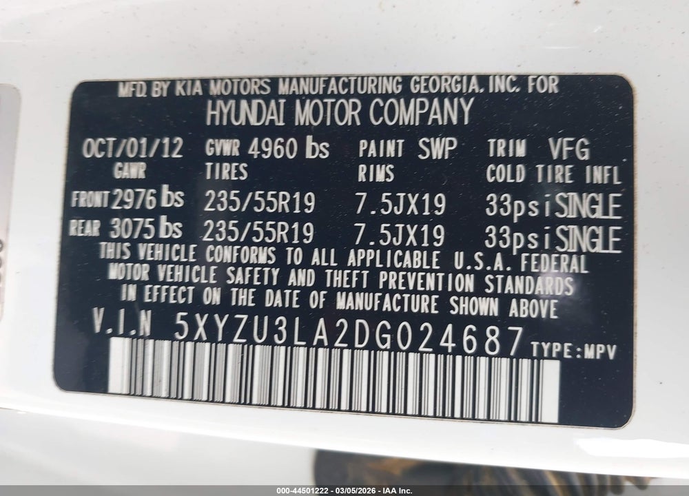 2013 HYUNDAI SANTA FE SPORT 2.0T VIN: 5XYZU3LA2DG024687