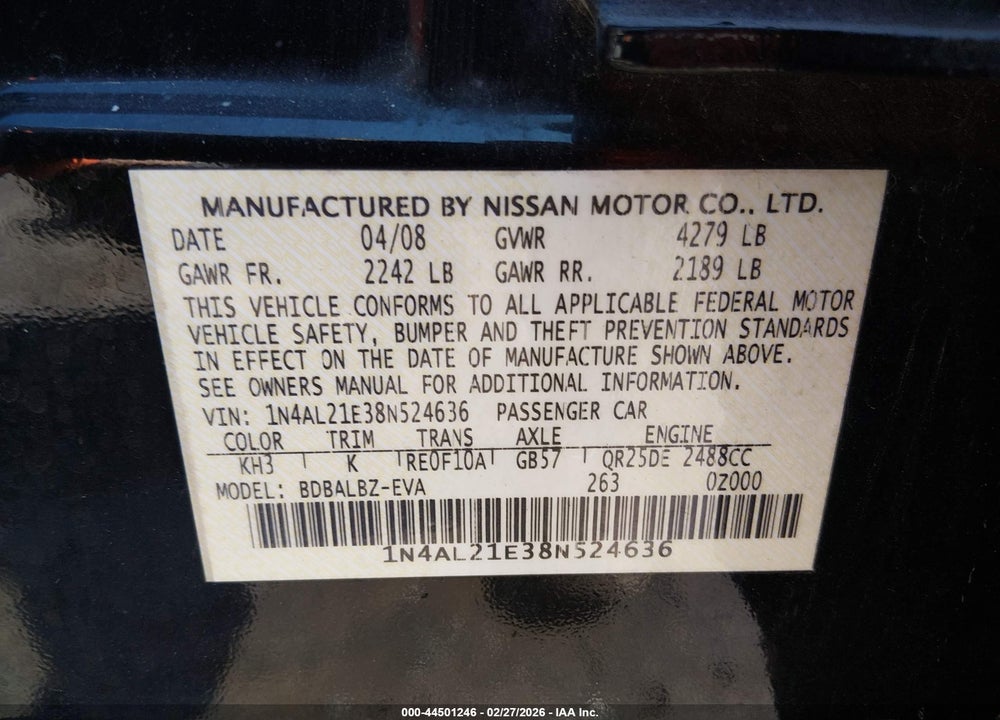 2008 NISSAN ALTIMA 2.5 S VIN: 1N4AL21E38N524636