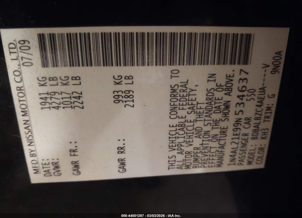 2009 NISSAN ALTIMA 2.5 S VIN: 1N4AL21E99N534637