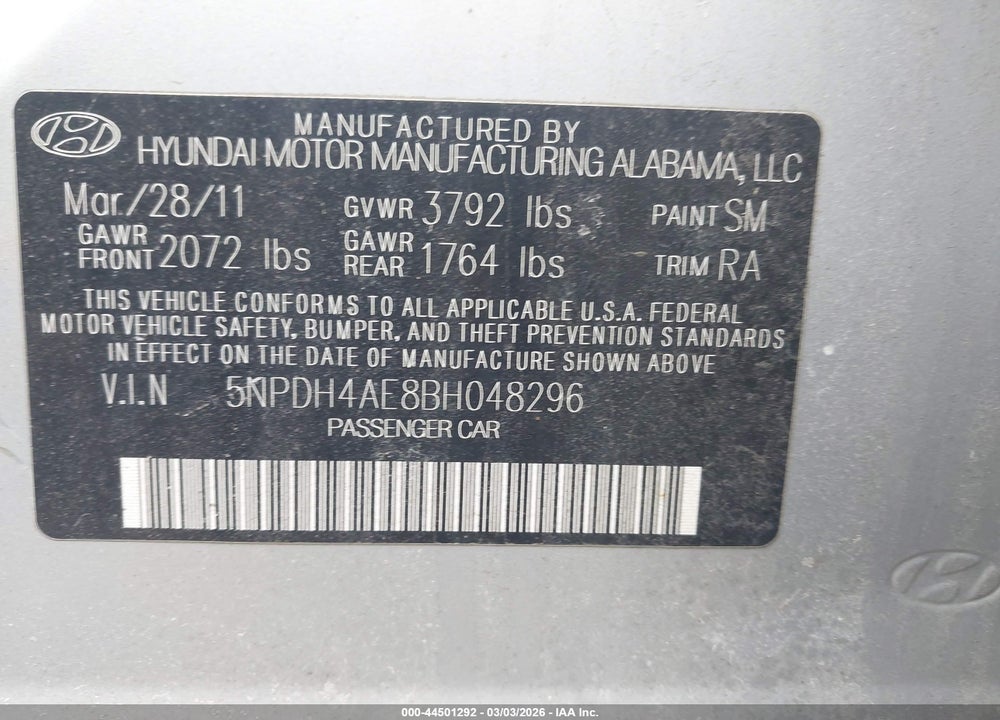 2011 HYUNDAI ELANTRA GLS VIN: 5NPDH4AE8BH048296