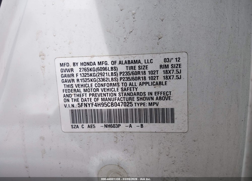 2012 HONDA PILOT TOURING VIN: 5FNYF4H95CB047025