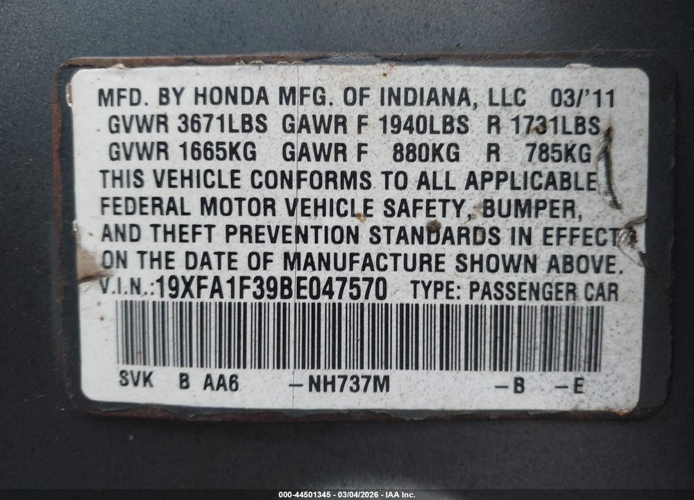 2011 HONDA CIVIC VP VIN: 19XFA1F39BE047570