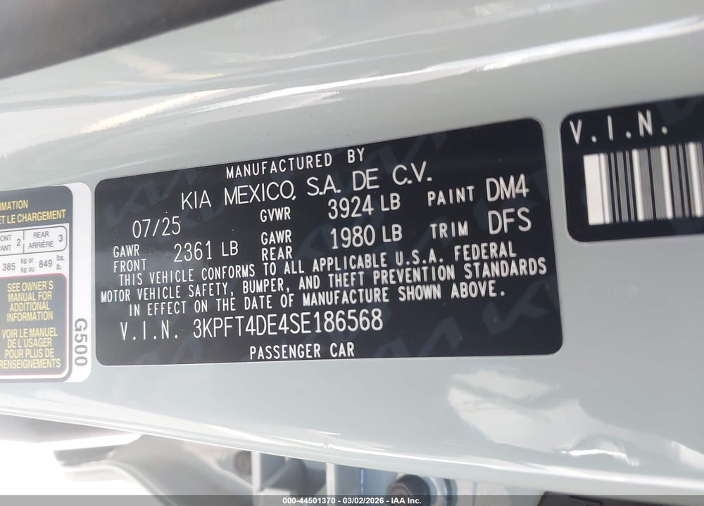 2025 KIA K4 LXS VIN: 3KPFT4DE4SE186568